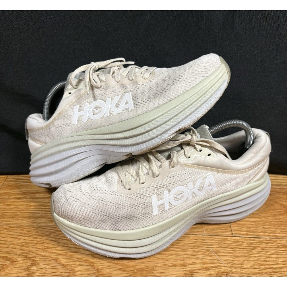 Hoka One One Bondi 8 Mens Size 9 D Beige White Athletic Running Shoes Sneakers